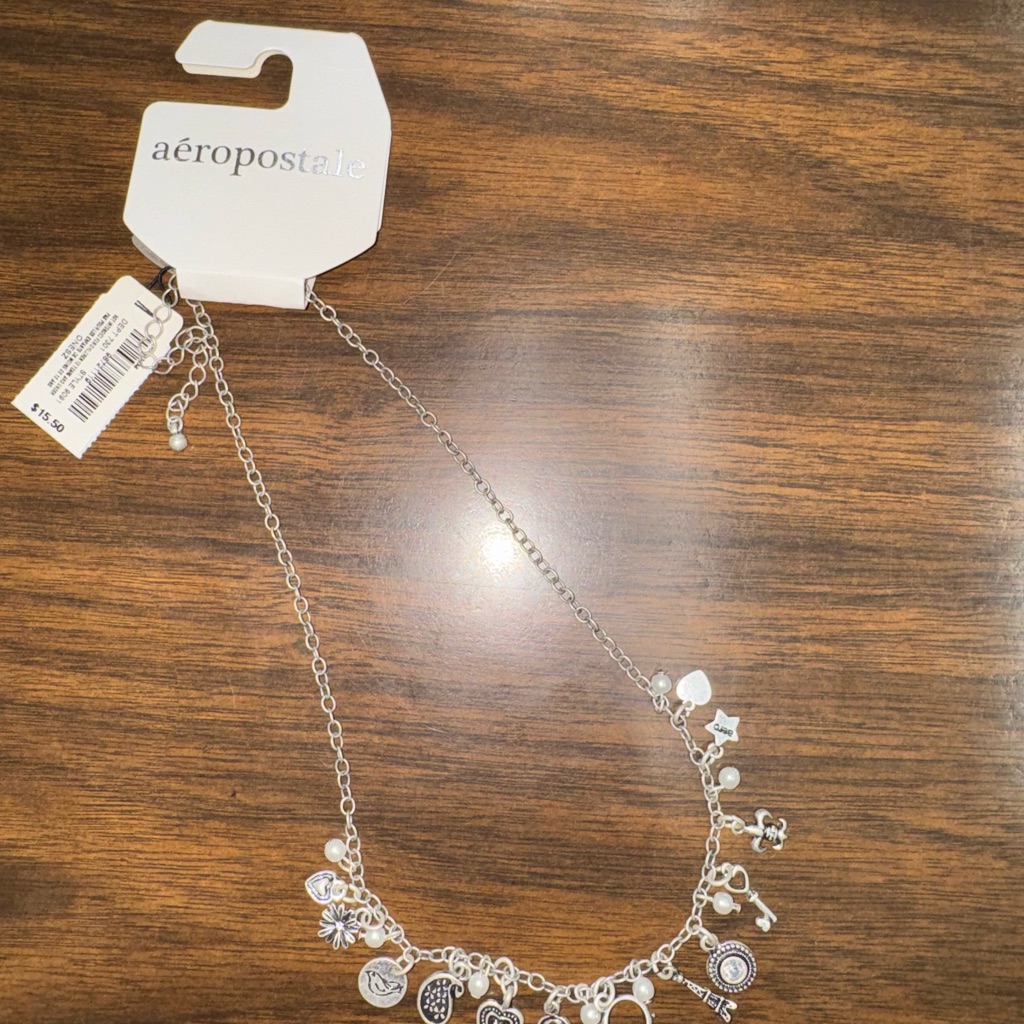 Aeropostale Silver Necklace With Elegant Crystal And Pearl Details